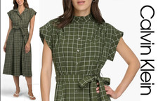 NWT CALVIN KLEIN Midi Shirtdress Size 8 Green Plaid with tie belt Short Sleeve