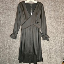 Kilig Black Satin Wrap Midi Dress Ruffle Sleeve High Low Hem Tie Waist Small
