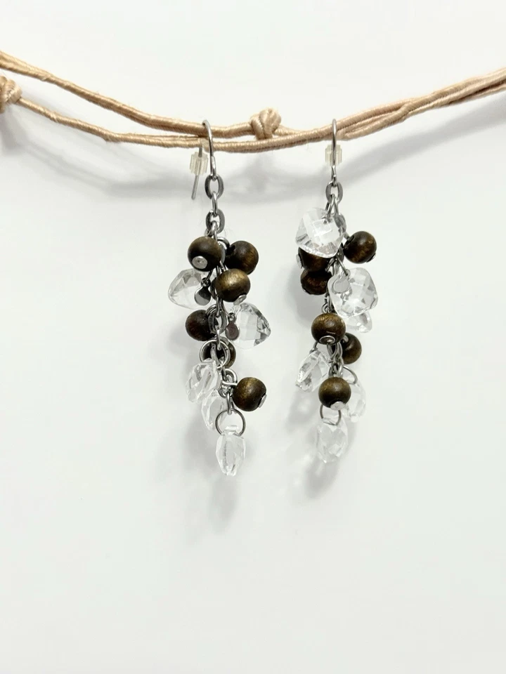 Hook Wood And Swarovski earrings Brown And Clear Cluster Chandelier - Image 4 of 4