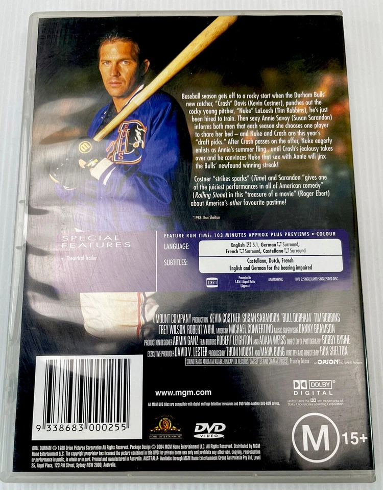 Bull Durham DVD Kevin Costner Susan Sarandon Tim Robbins R4 M15+ PAL 1988 - Image 2 of 4