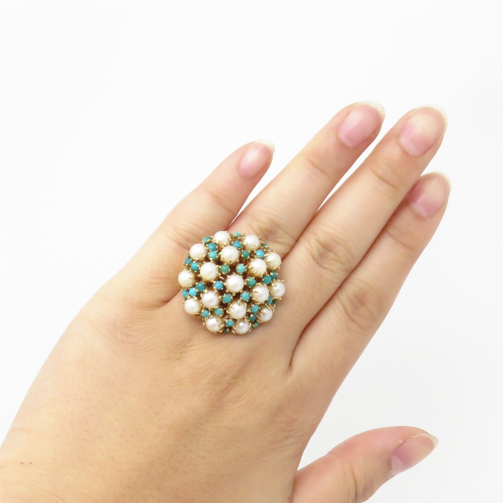 NYJEWEL 14k Yellow Gold Large Pearl & Turquoise R… - image 3