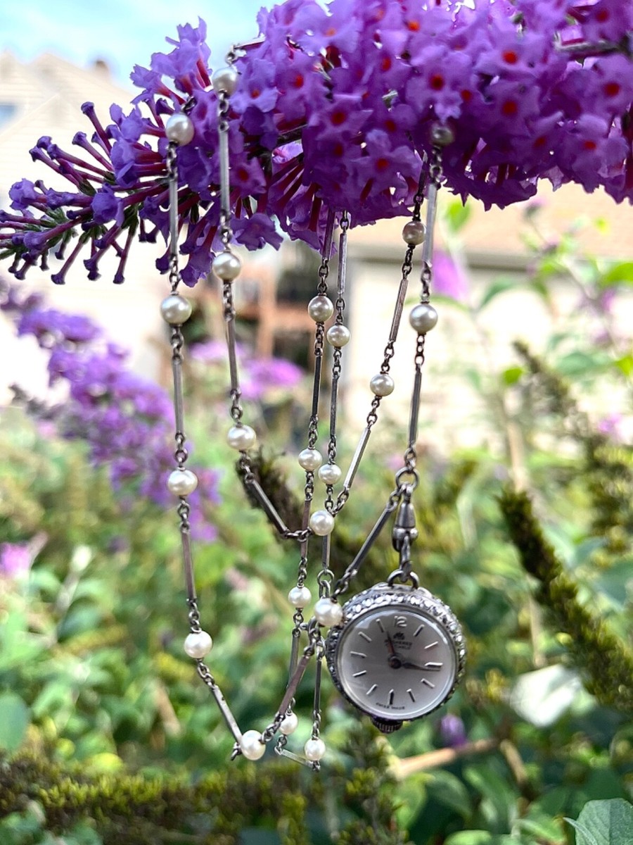Bucherer Bubble Watch Skeleton Pendant 800 Silver & Pearl Necklace 17 Jewels