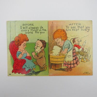 Postcard Comic Marriage Before & After Big Head Husband Wife Busy Antique 1908