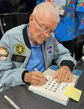 Fred Haise, John Aaron EECOM, Bill Moore signed NEVER PANIC EARLY, 1st/1st photo