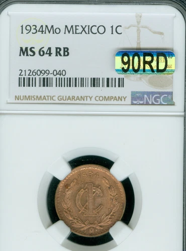 1934  Mexico Centavo NGC MS64 RB PQ MAC 90RD & MAC SPOTLESS *