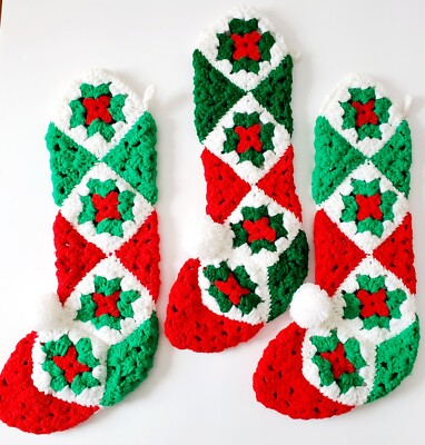 Vintage Christmas Granny Square Stockings Lot of 3 Red Green Holiday Pom Pom 16''