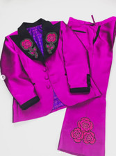 Men 2Pc pink floral embroidery western wedding party suit cocktail prom outfits.