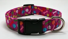 Bones & Paw Prints on Purple Dog Collar Adjustable Handmade Custom Designer