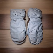 LL Bean Womens Goose Down Mittens Light Blue Leather Palm Winter Gloves M 50