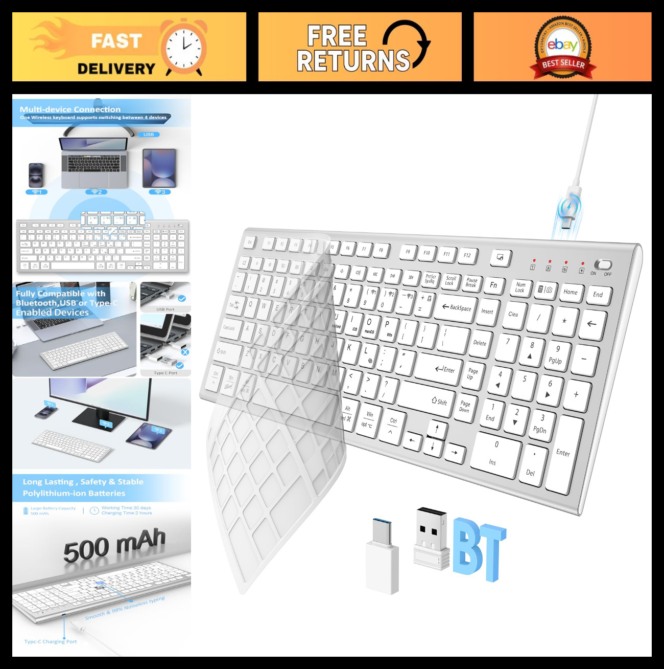 Wireless Bluetooth Keyboard, 2.4G USB Rechargeable, Ultra Quiet Compact Full Siz
