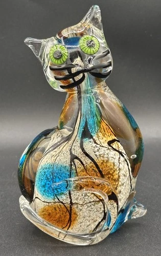 Vintage Murano Style ART Glass CAT MCM Figure GREEN EYES Excellent Condition