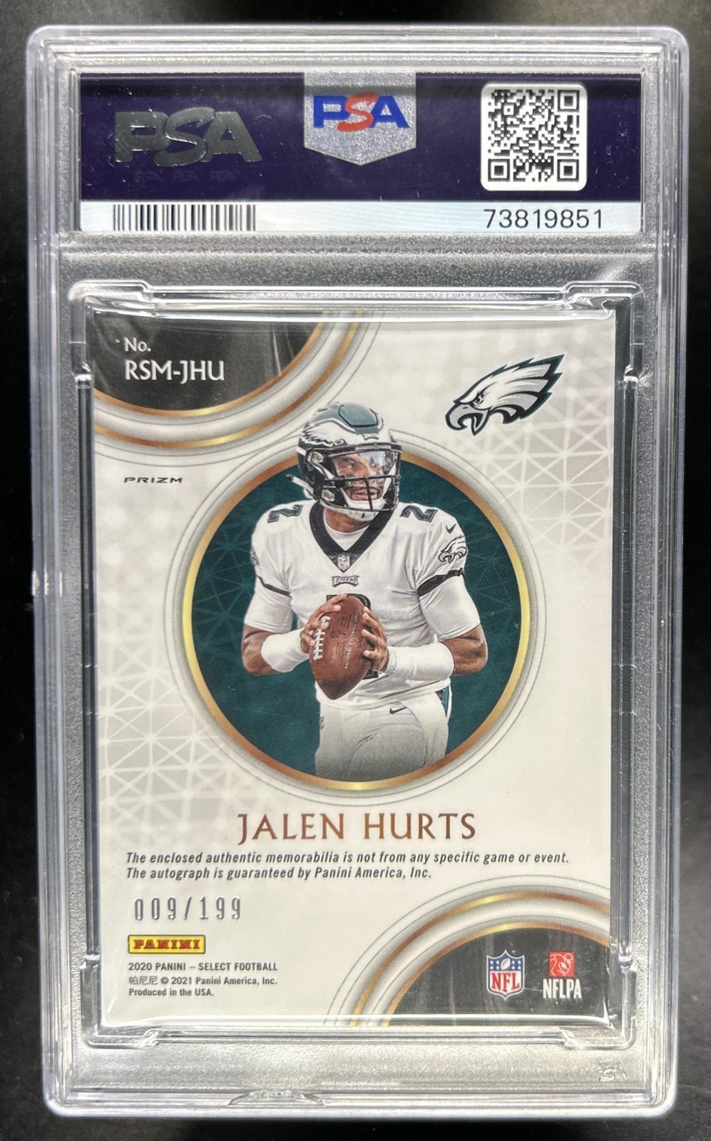 2020 Select Jalen Hurts Rookie Memorabilia Jersey Prizm Auto RC #/199 PSA 9 view 2