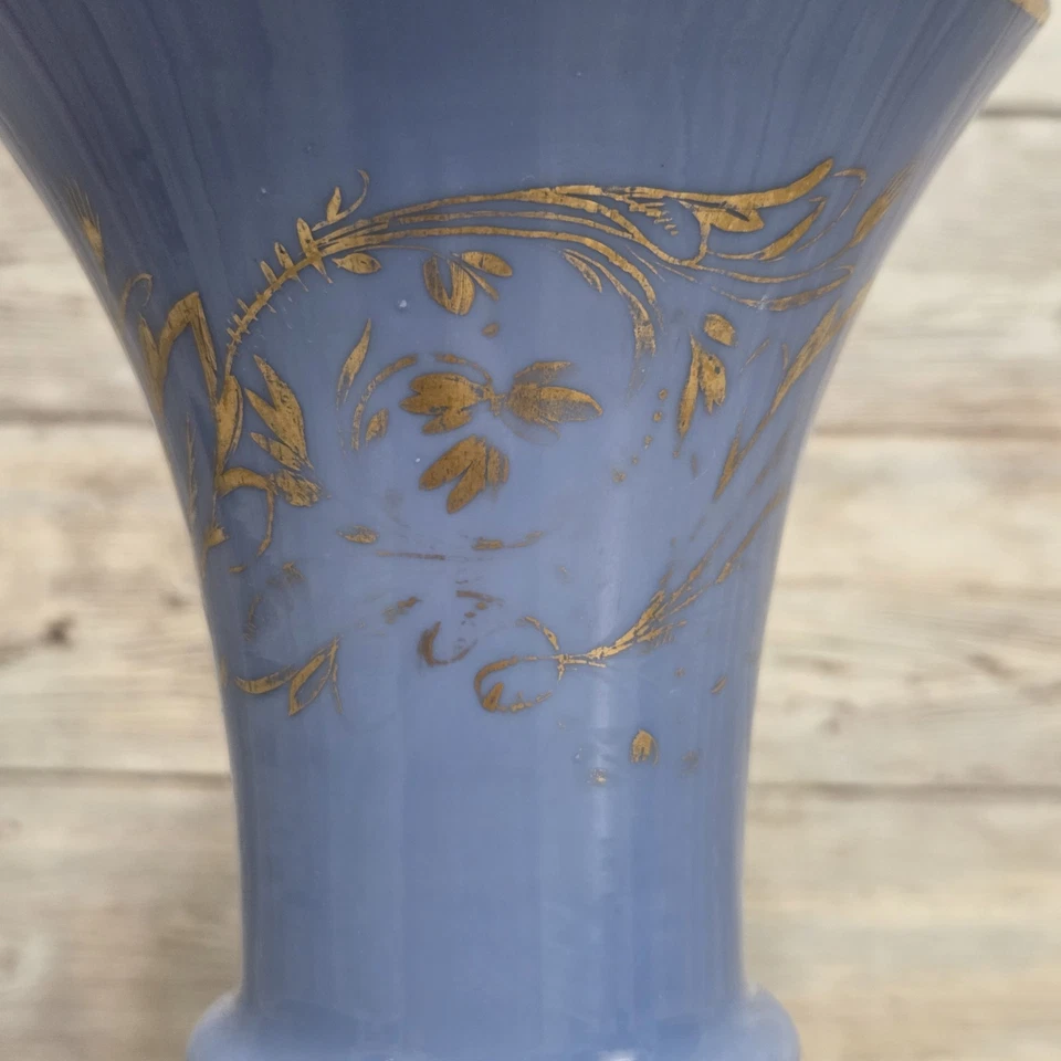 Antique Victorian French Blue Opaline Glass Vase Gold Decoration - Image 2 of 4