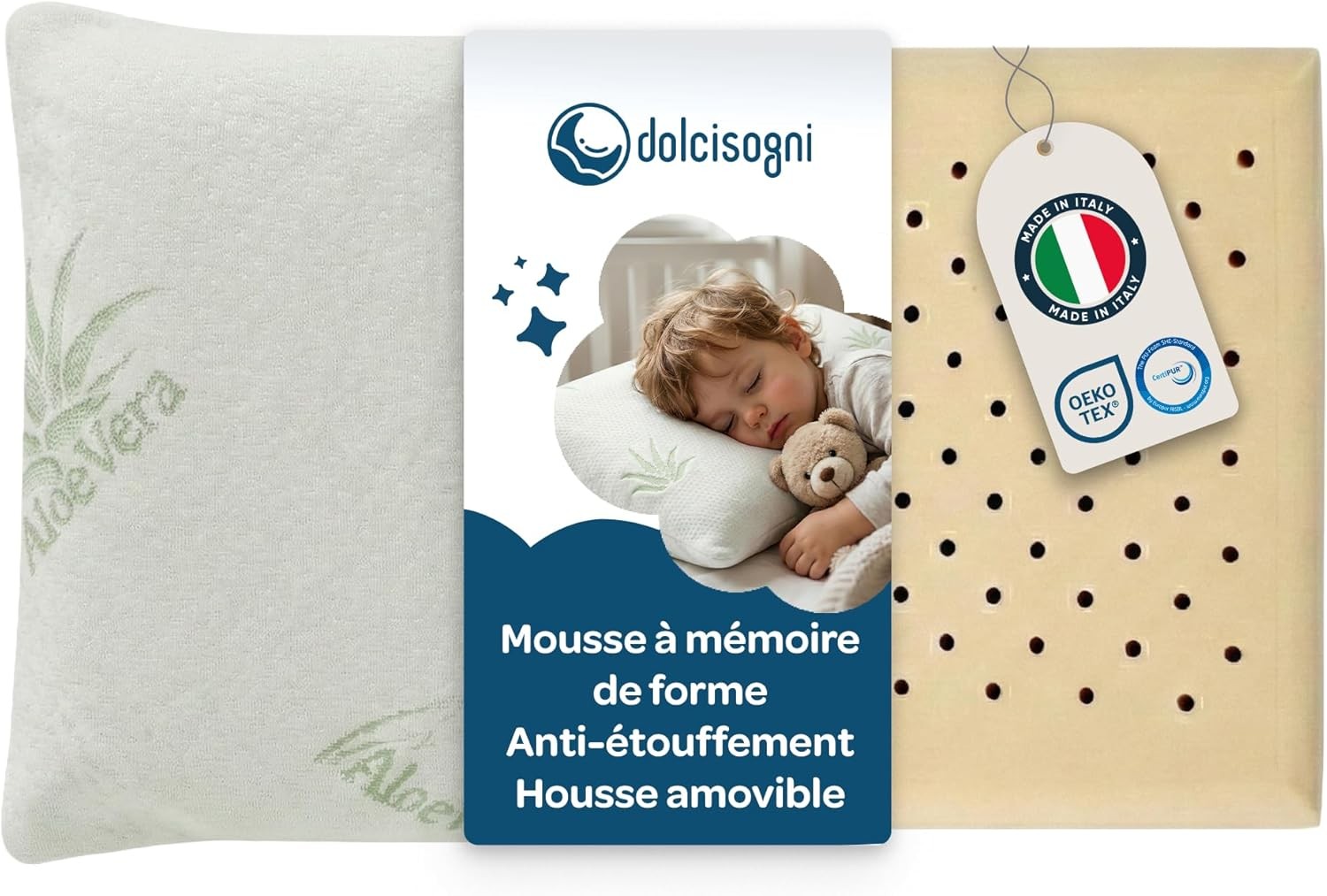 Oreiller enfant mémoire de forme DOLCI SOGNI 30x50 cm blanc pour lit de petit