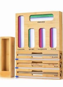 NEW Bamboo 9 IN 1 Storage Organizer for Kitchen Drawer Foil Wax Wrap Ziplock Bag