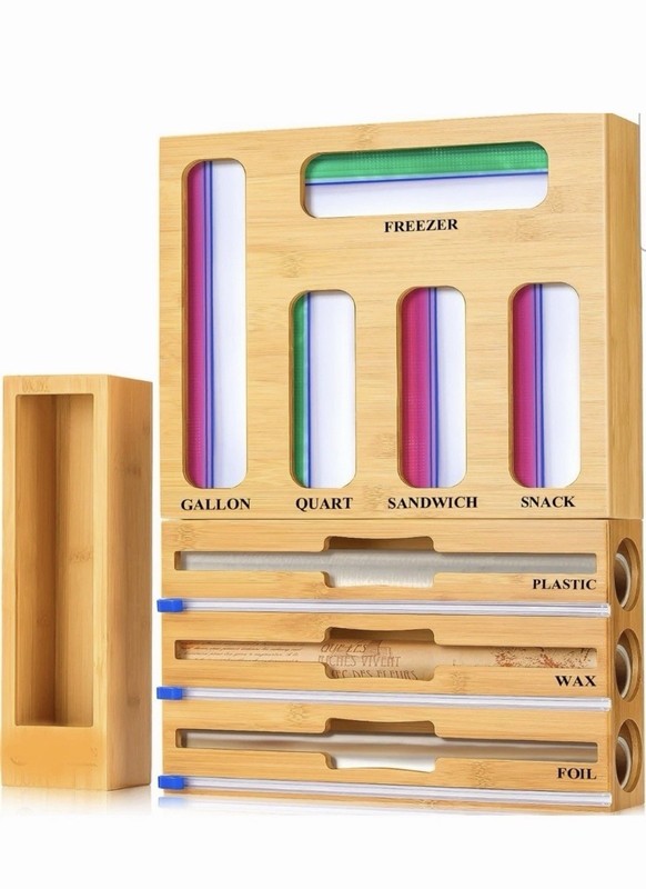 NEW Bamboo 9 IN 1 Storage Organizer for Kitchen Drawer Foil Wax Wrap Ziplock Bag