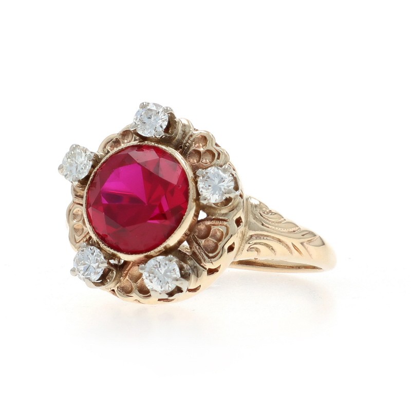 Yellow Gold Lab-Created Ruby Diamond Vintage Ring… - image 3