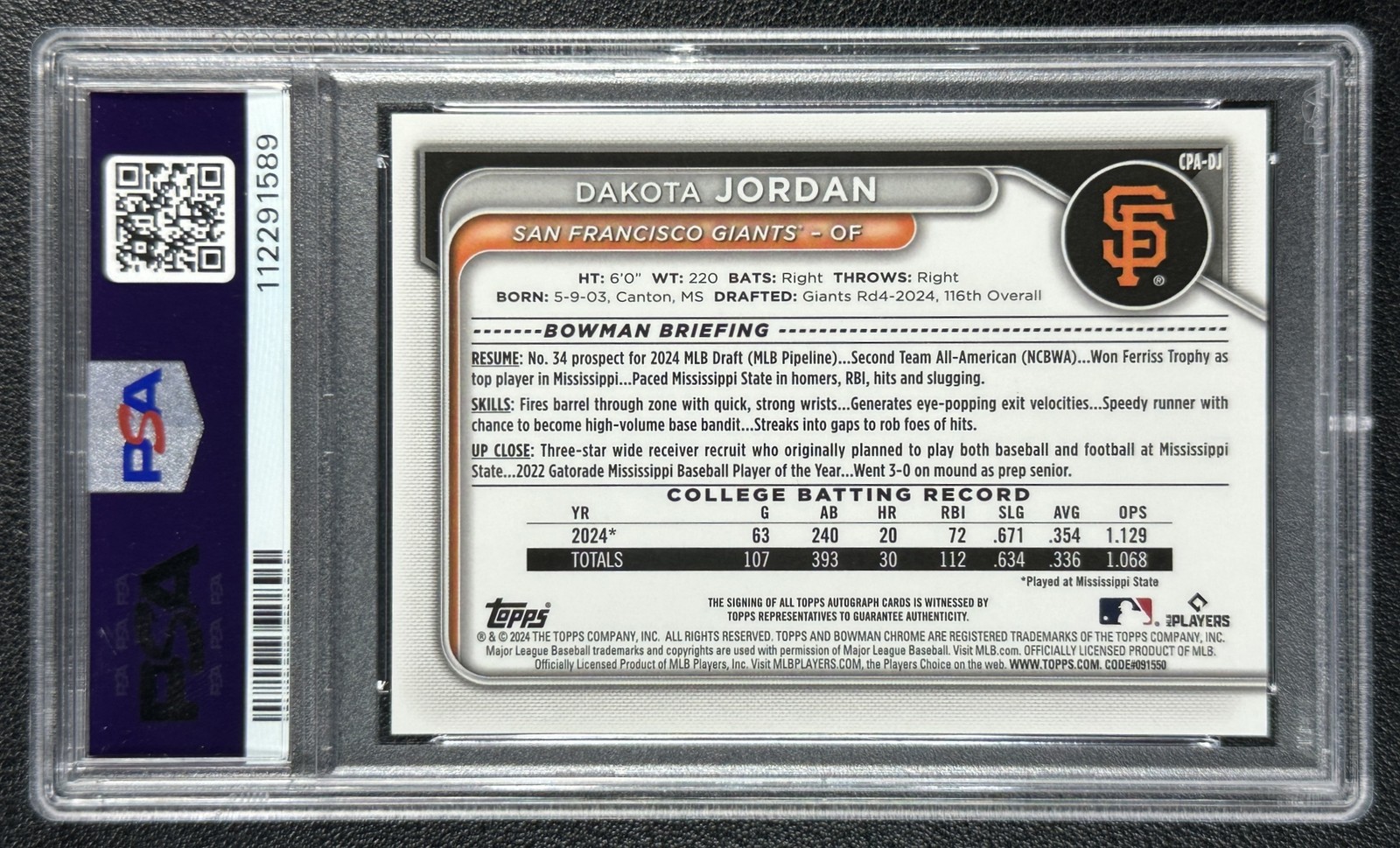 DAKOTA JORDAN PSA 9 2024 BOWMAN CHROME DRAFT 1ST PROSPECT RED X-FRACTOR AUTO 2/5 view 2