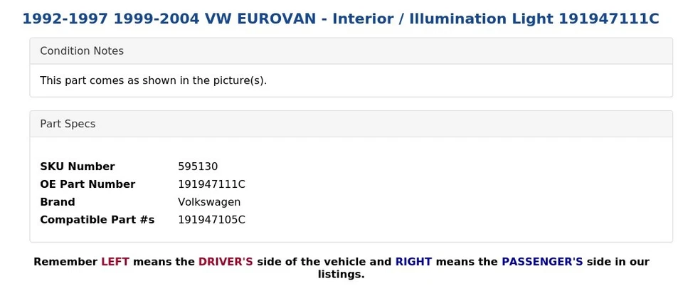 VW EUROVAN 1992-1997 1999-2004 - Luz interior/iluminación 191947111C Foto 4 de 4