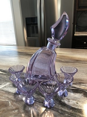 Murmac Bohemian Deco Amethyst 8 Piece Decanter Set Complete Czechoslovakia Nice!