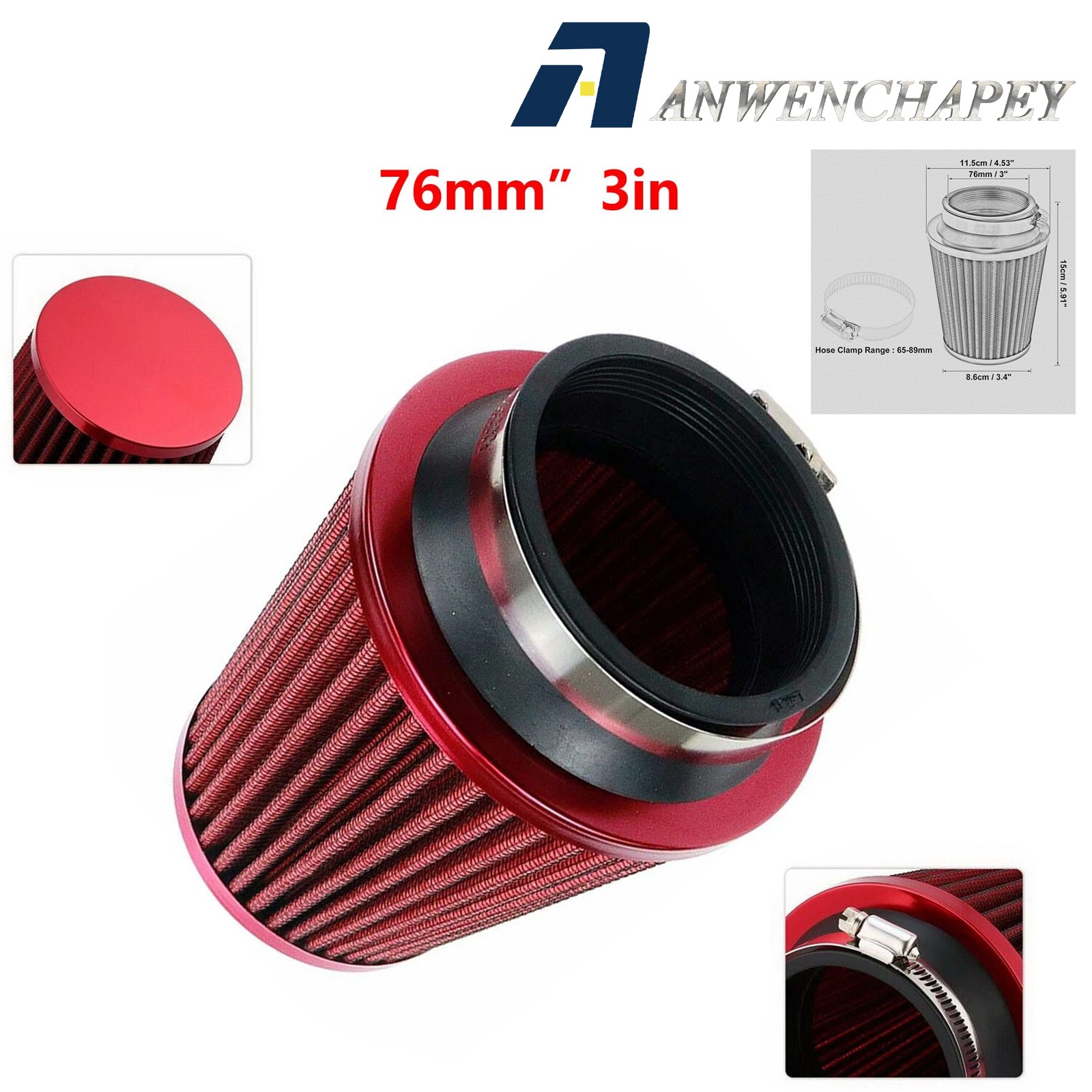 3" Red Dry Filter High Flow Inlet Cleaner Replacement Cold Air Intake Cone 76mm