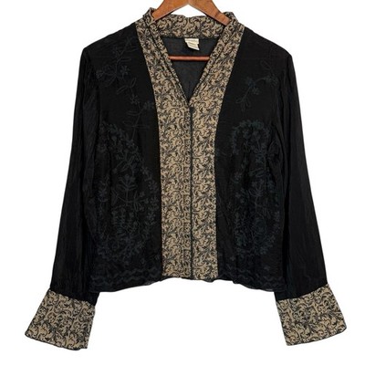 J. Jill Embroidered Silk Snap Front Crinkle Blouse S P Sheer Whimsigoth Fairy