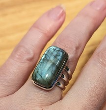 Natural Cabochon Gray Labradorite Ring Sz 5, 925 Sterling Silver