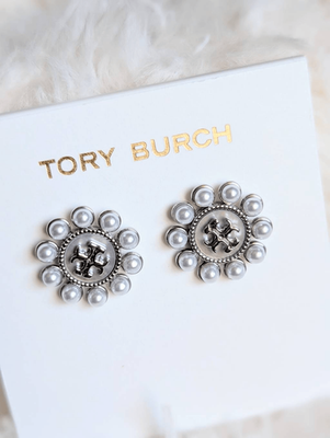 TORY BURCH Kira Pearl Silver Logo Stud Earrings | eBay display picture 2