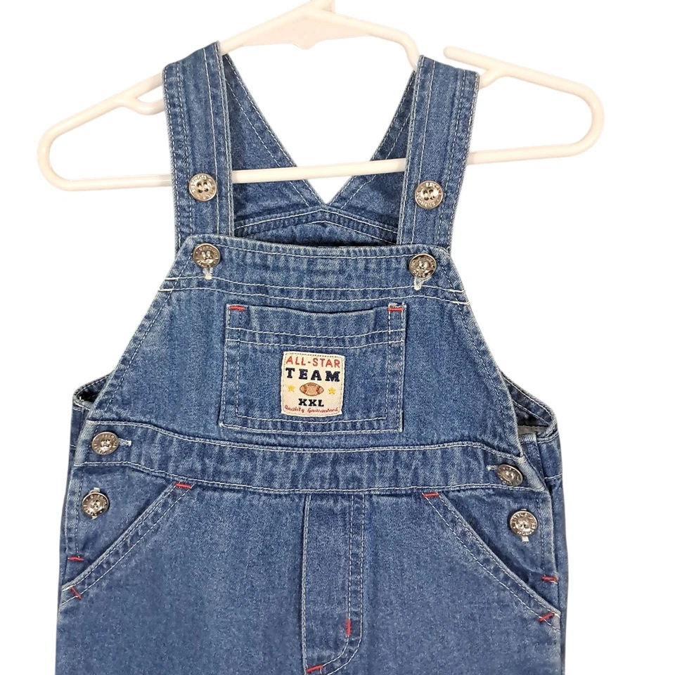 Mono Vintage Años 90 Little Wondes 6/9 M Niños Bordado Azul Denim Fútbol Foto 3 de 4