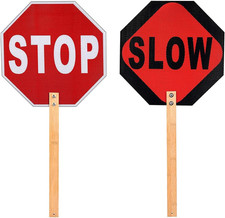 Handheld Stop Slow Sign, 13 Inch Double Sided Street Slow Reflective Sign with B