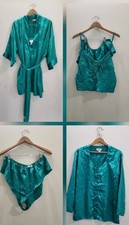 Vtg Victoria Secret Gold Label 4 Pc Set Emerald Green Satin Jacquard Robe Cami