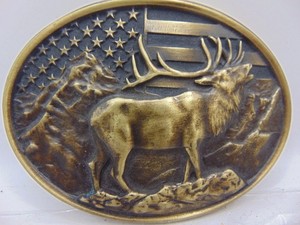Vintage Belt Buckle Montana Silversmiths Bull Elk With American Flag Hunting