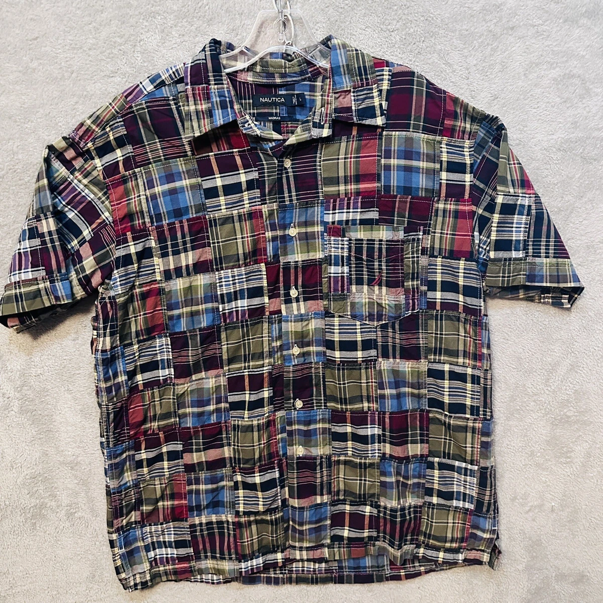 Vtg 90s Patchwork Madras Shirt Men's Large Nautica Plaid Quilted