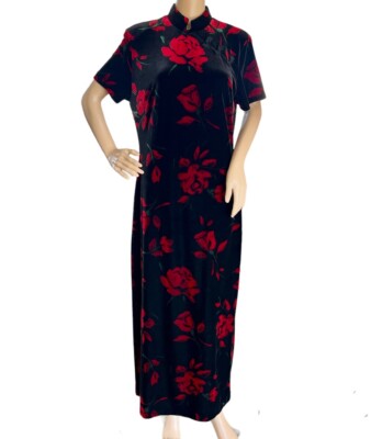 Vtg Exclusively For You Lord Taylor Velvet Dress Floral Asian Stretch Size  12