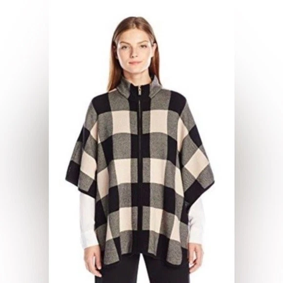 Jones NY Signature Women Poncho Navy Camel Zipped Mock Neck new XL