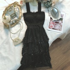 Women Sequin Long Dress Layered Tiered Spaghetti Strap Sweet Princess Fairy