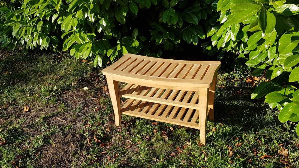 Long outdoor Teak shower seat bench with shelf, Wooden bathroom stool, spa chair - Image 2 of 4