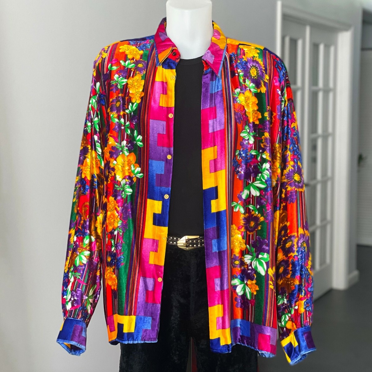 GIANNI VERSACE silk velvet shirt Stripes and Flowers size IT