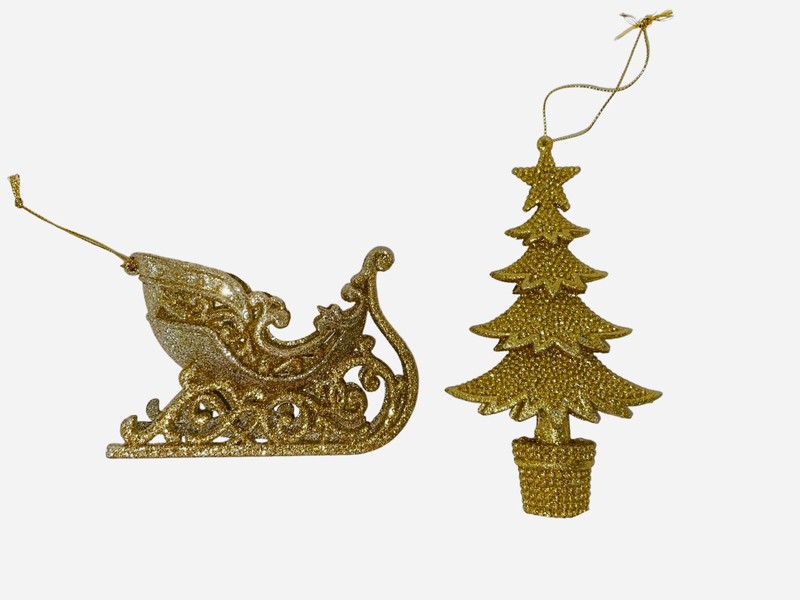 KURT S. ADLER GOLDEN SPLENDOR GOLD GLITTER SLEIGH & CHRISTMAS TREE ORNAMENT