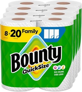 Bounty Quick-Size Paper Towels, White, 8 Family Rolls 20 Regular Rolls