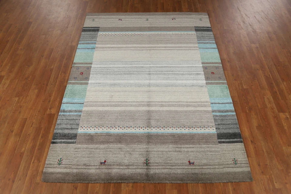 Alfombra de lana gris hecha artesanalmente alfombra Gabbeh anudada a mano 5x8 pies Foto 3 de 4