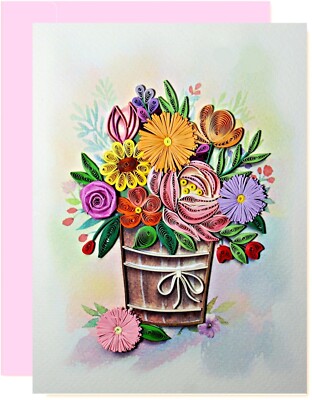 Flower Bouquet Quilling Greeting Card - Unique Dedicated Handmade Art. 