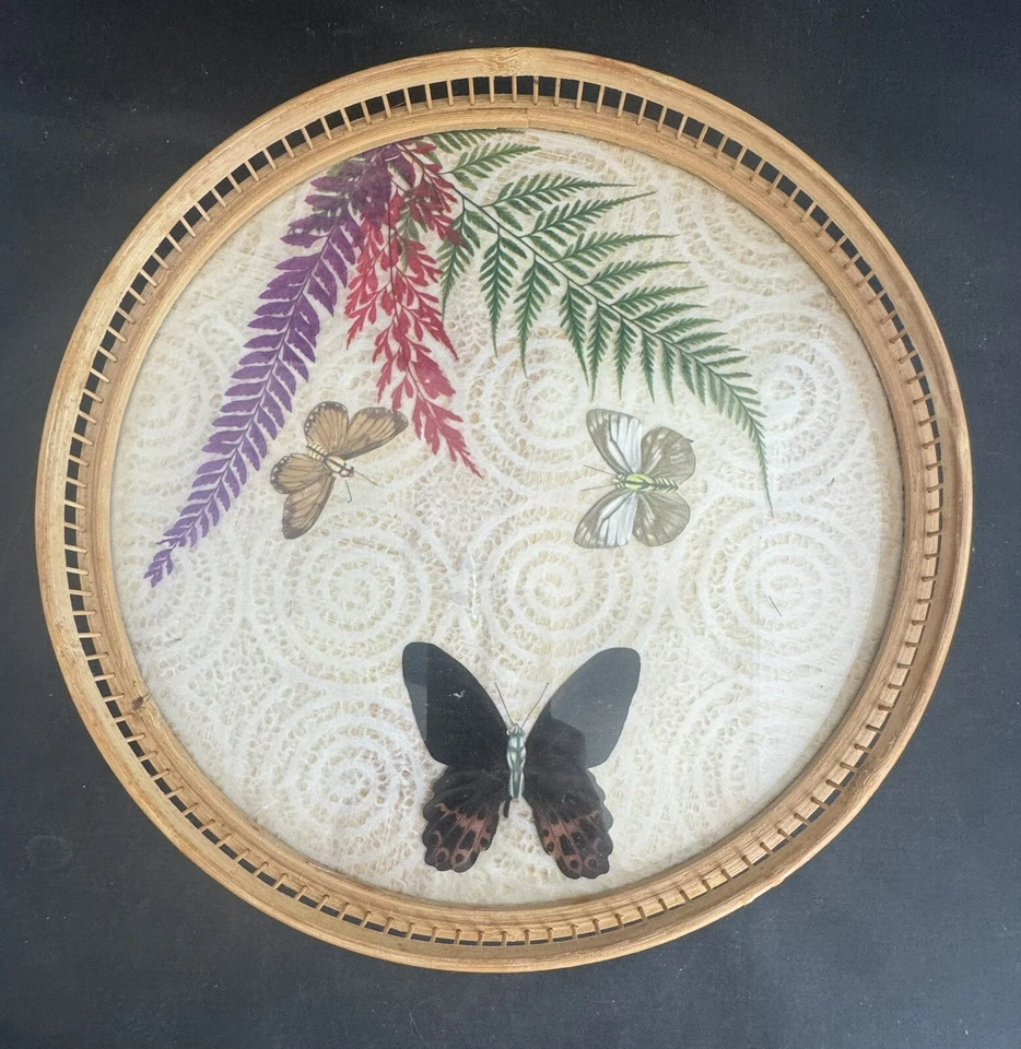 Wooden Bamboo 11”round Serving Tray & 6 Coasters Embossed with Butterflies - Image 2 of 4