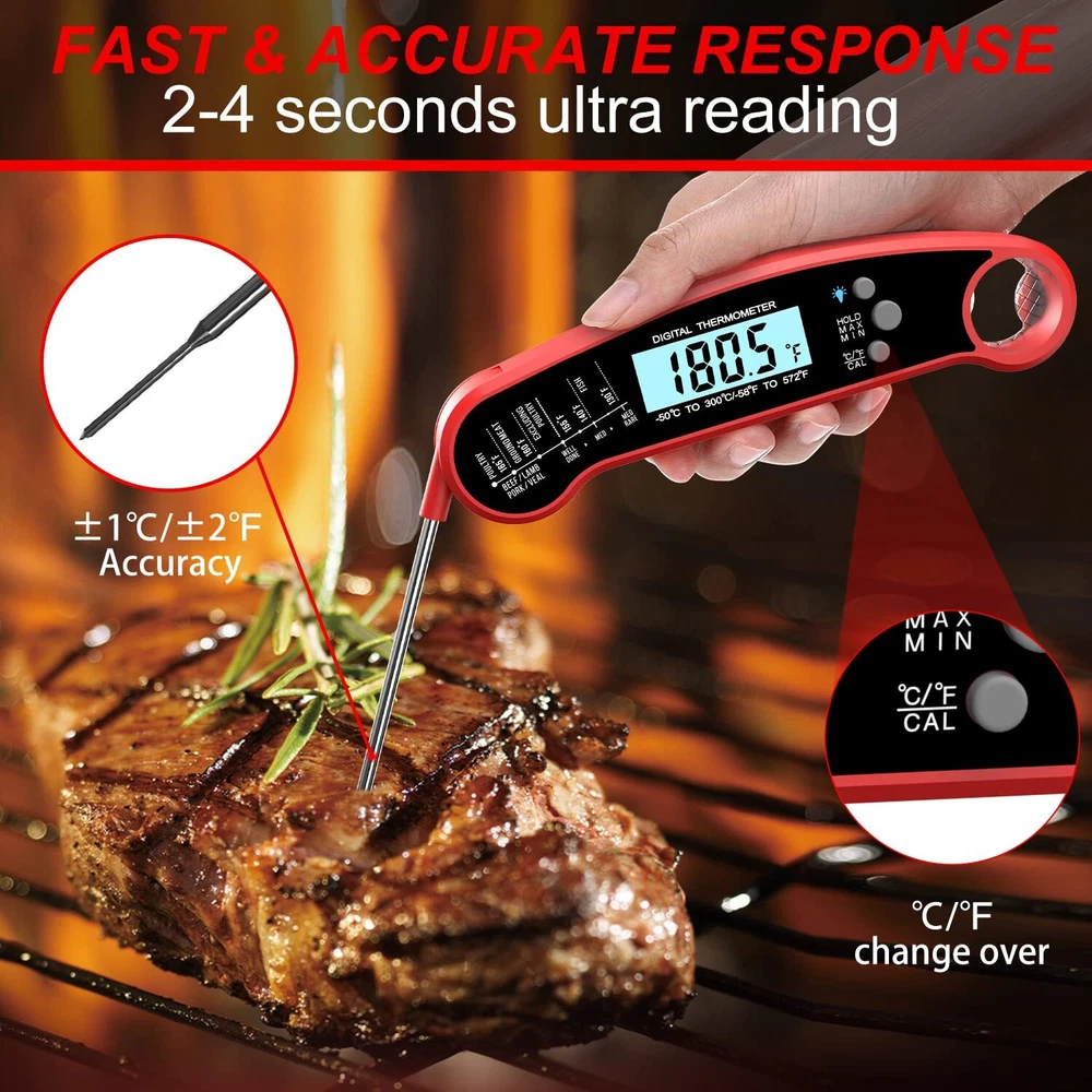 Meat Thermometer with Probe, Instant Read for Cooking, Waterproof,  Red/Black