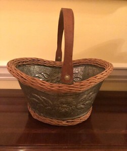 Raised Relief Metal Galvanized Tin Wicker Basket Rustic Americana Farmhouse