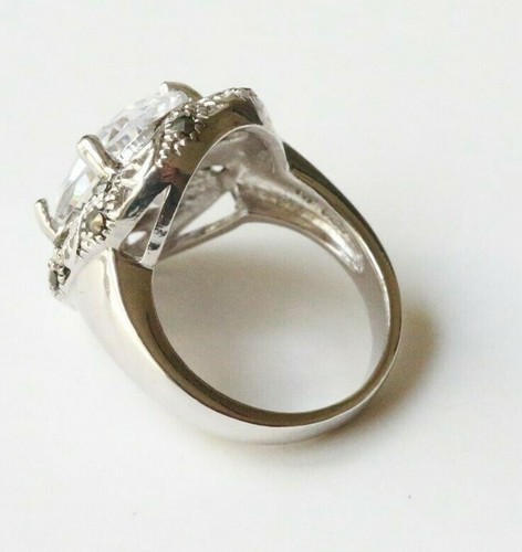 Sz 7 Rhodium over Sterling Silver 10+ C Clear Oval CZ Ring w/ Marcasite Surround - Picture 2 of 8