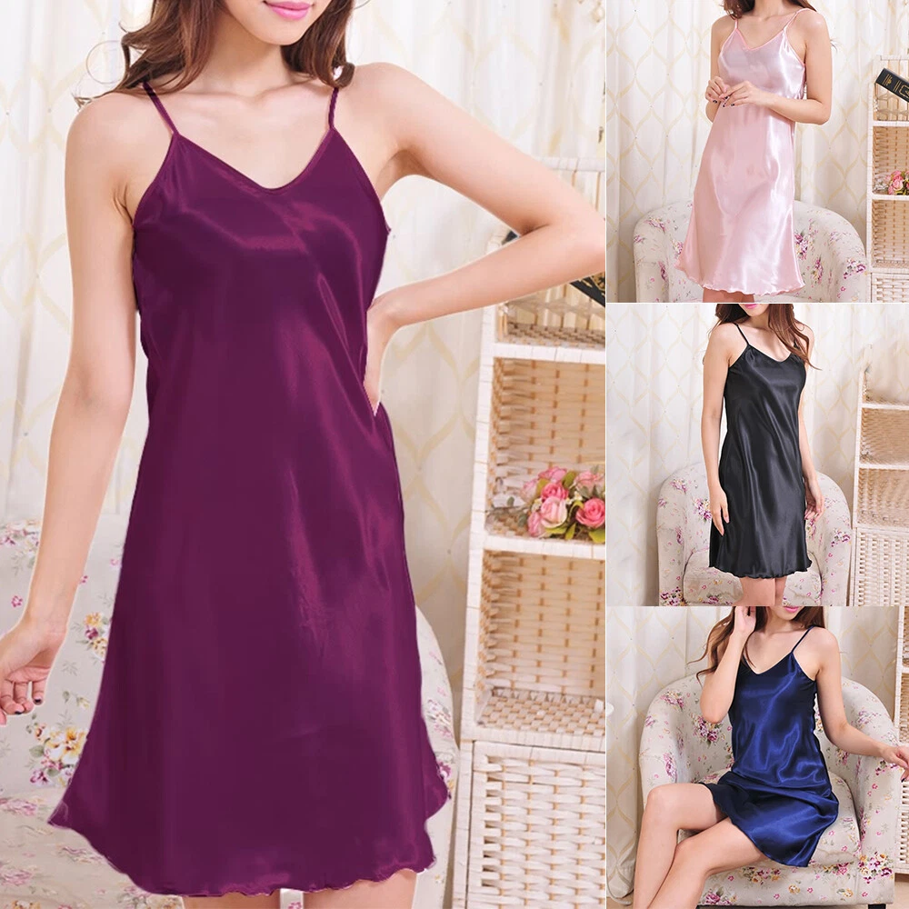 Women Ladies Satin Lingerie Sleepwear Nightdress Chemise Slip Dress Nightwear UK