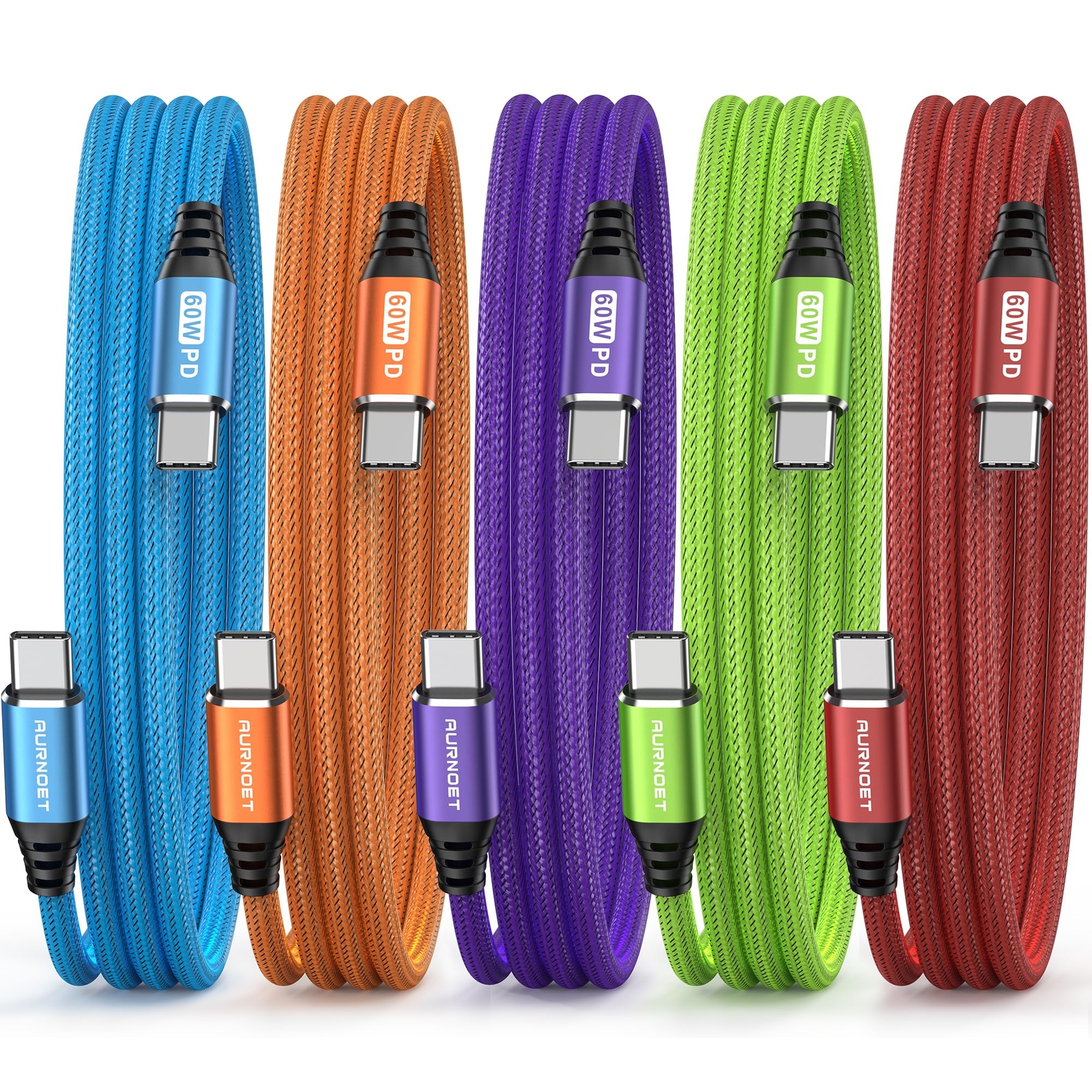 Aurnoet 6FT USB C to USB C Fast Charging Cable 5-Pack