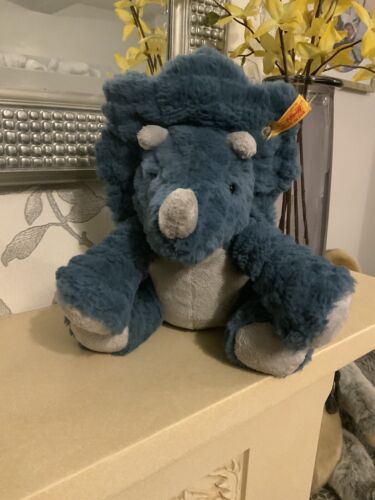 Steiff Plush Dinosaur Dixi Triceratops Cuddly Soft Toy Blue Approx 24cm