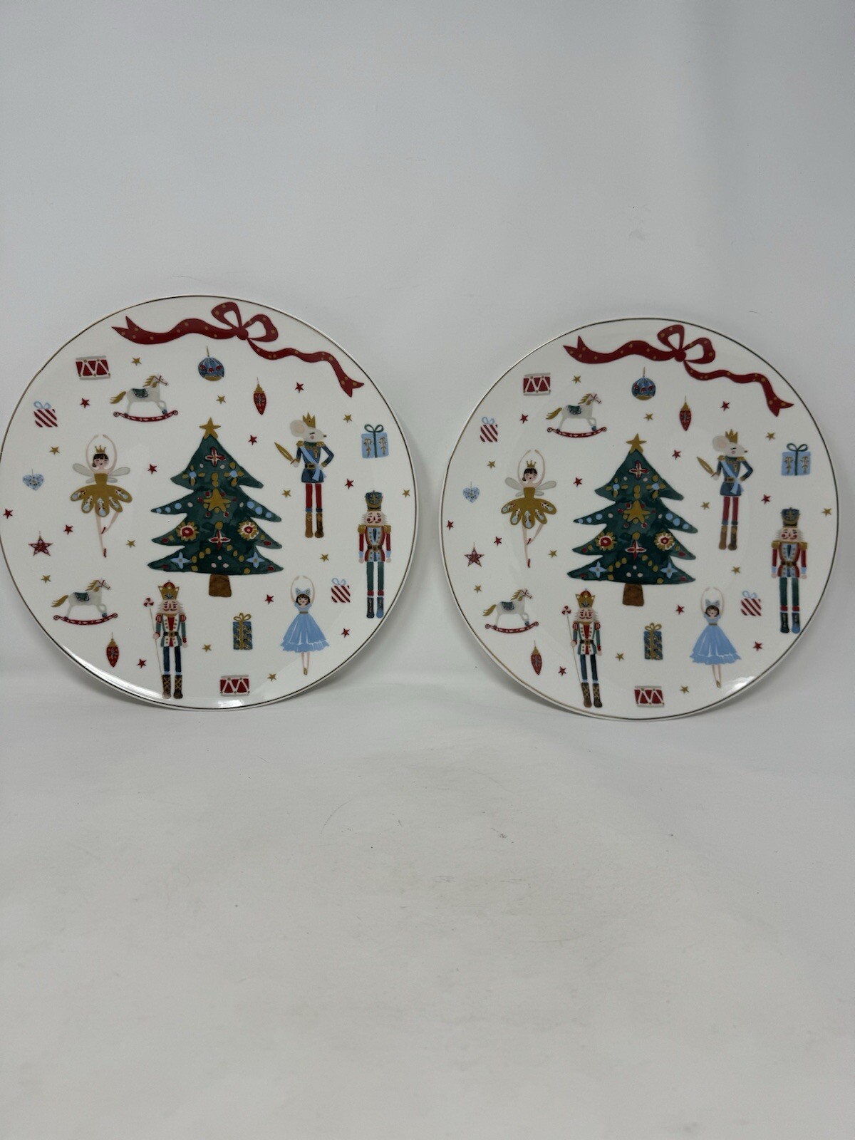 2 Grace Teaware Christmas Nutcracker Ballet Gold Trim 10.5 Dinner Plates New